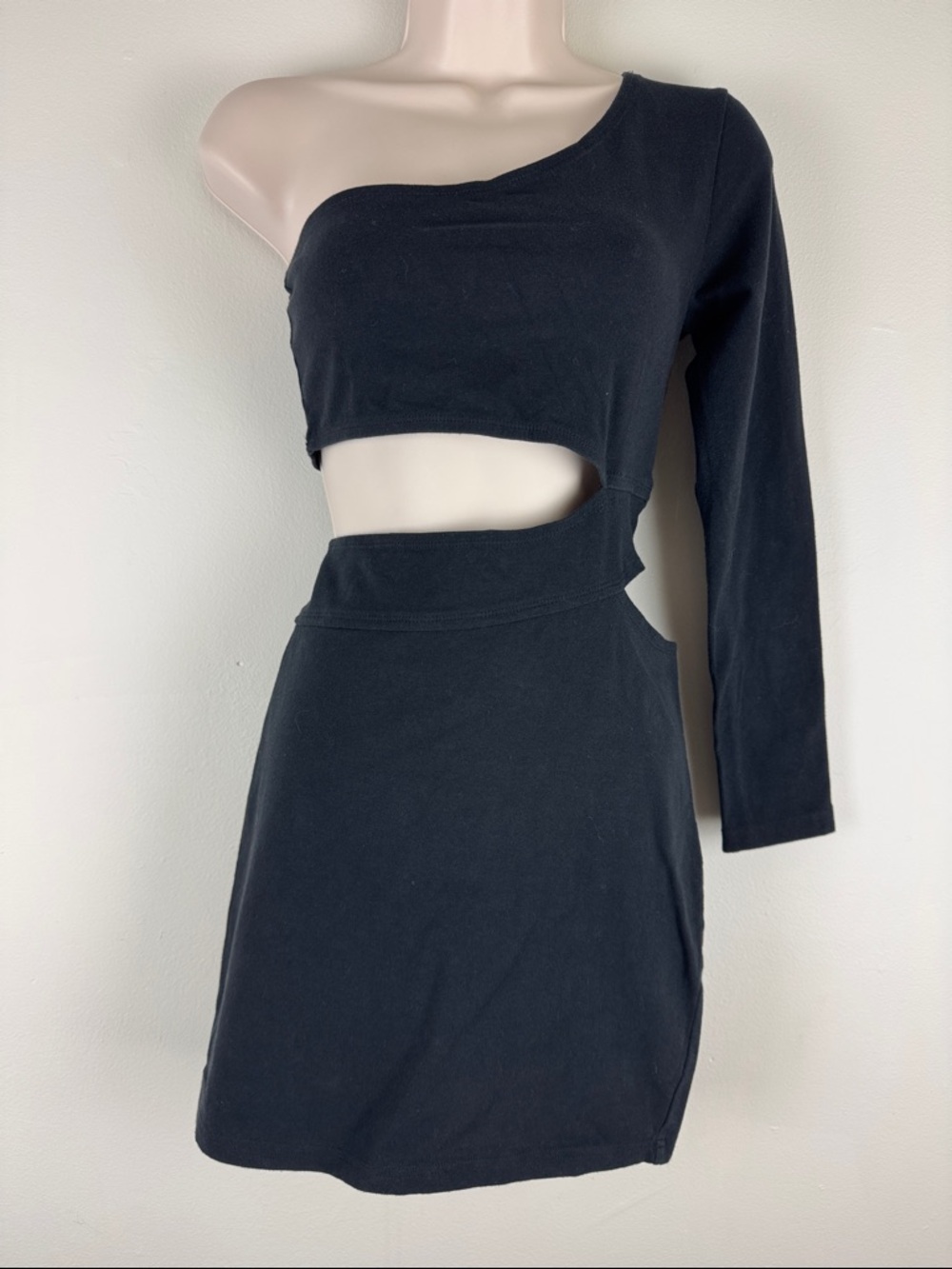 SUPRE Black One Shoulder Cutout Bodycon Mini Dress Long Sleeve M